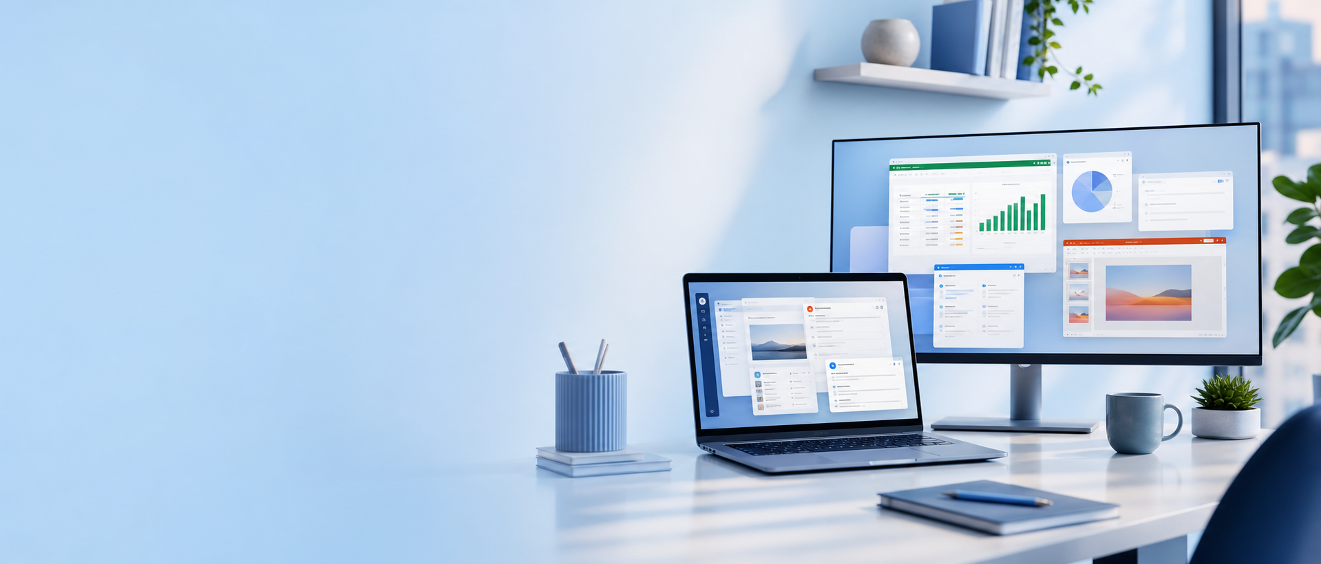 Modern workspace showing document, spreadsheet, presentation, and email productivity tools